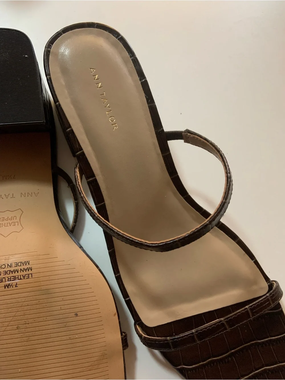 Ann Taylor Dark Brown Croc-Embossed Strappy Block Heel Sandals